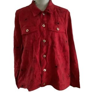 Silkland womens silk blend red with black embroidered flowers button up size XL